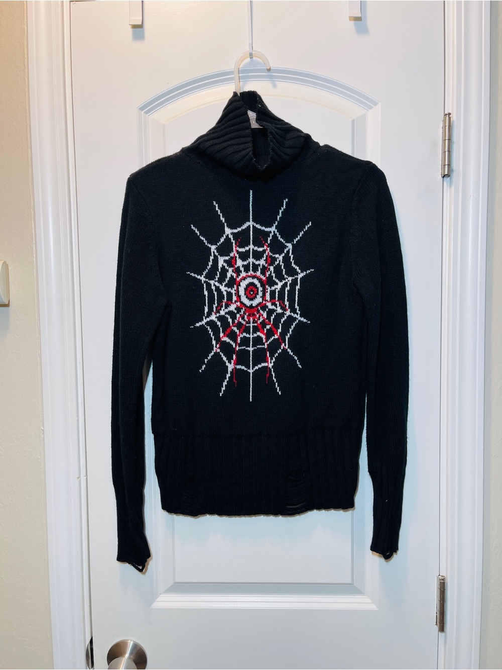Black Turtleneck Sweater with Contrast Spiderweb Motif halloween